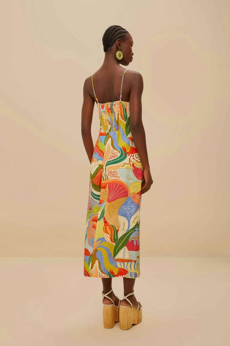 Farm Rio Multicolor Ocean View Twisted Cups Euroflax™ Premium Linen Midi Dress OCEAN VIEW MULTICOLOR