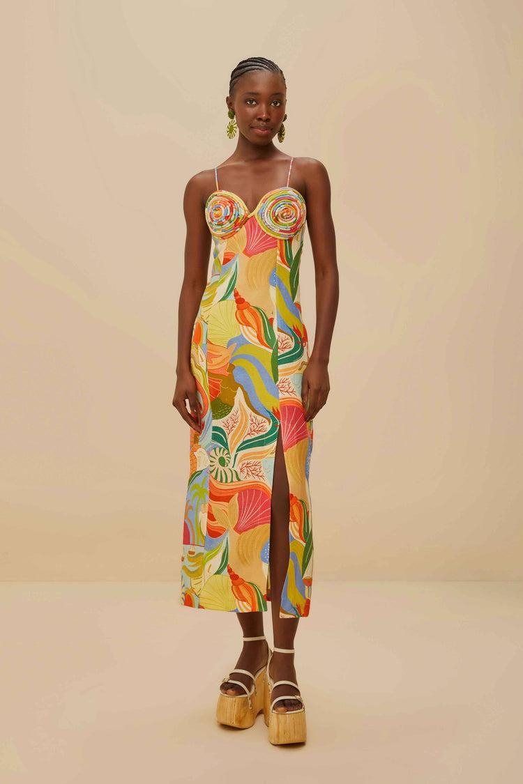 farm rio multicolor ocean view twisted cups euroflax™ premium linen midi dress OCEAN VIEW MULTICOLOR