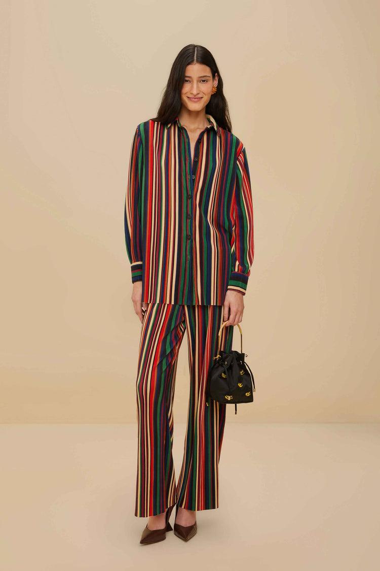 Farm Rio Multicolor Pipa Stripes Pleated Shirt PIPA STRIPES MULTICOLOR