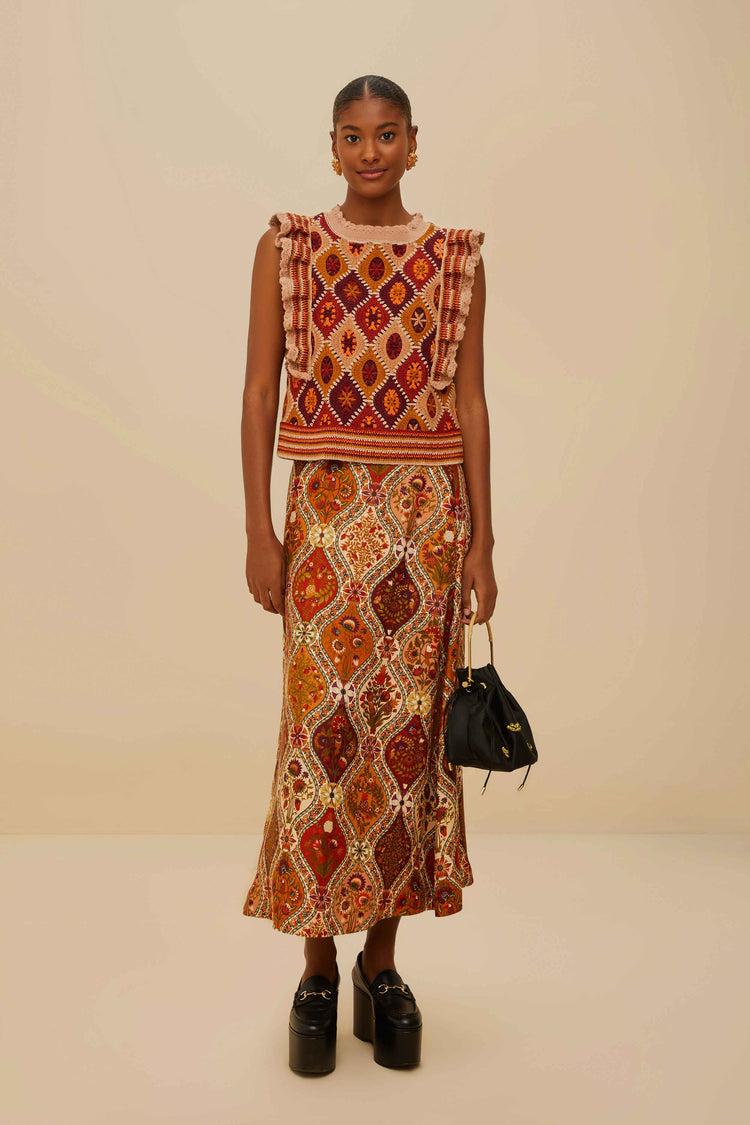 farm rio multicolor romantic nature lenzing™ ecovero™ viscose midi skirt ROMANTIC NATURE MULTICOLOR