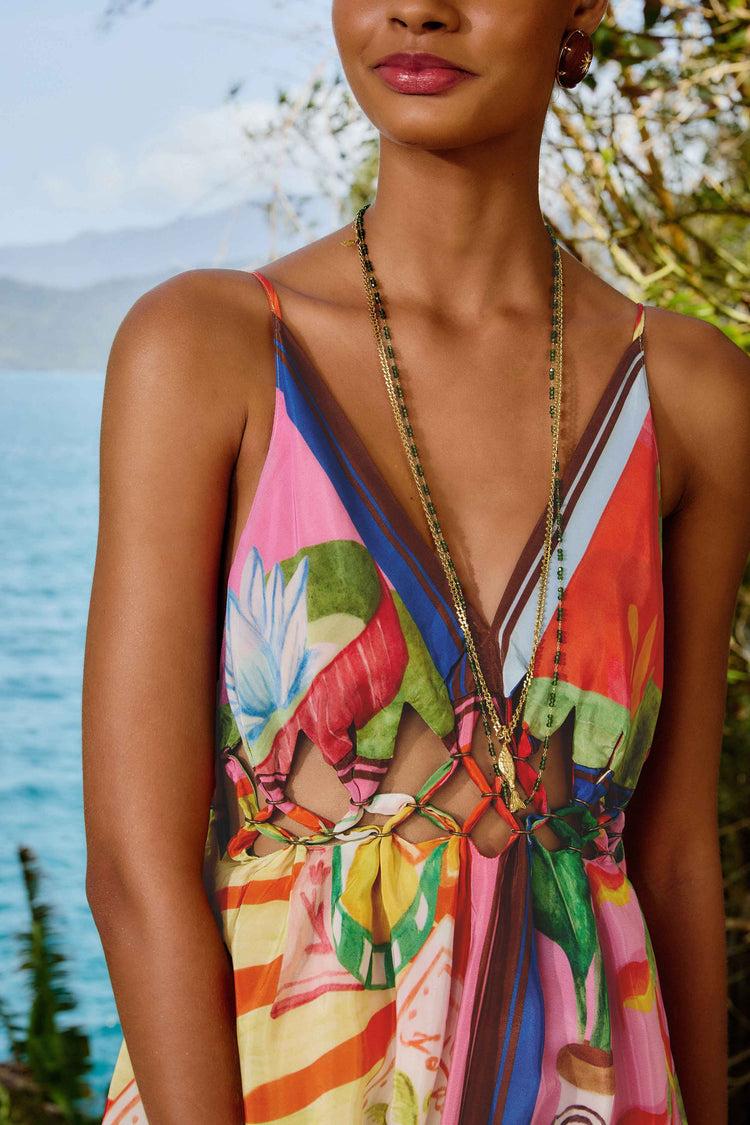 Farm Rio Multicolor Summer Picnic Macrame Yoke Maxi Dress SUMMER PICNIC MULTICOLOR