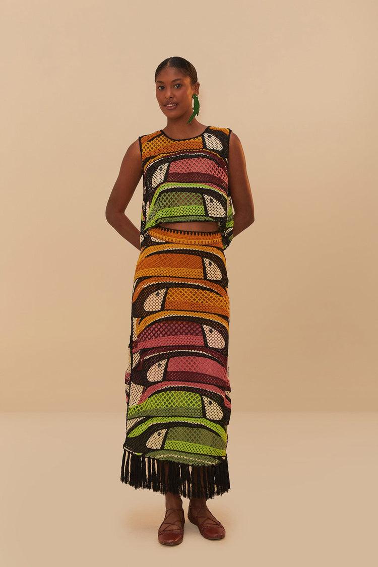 Farm Rio Multicolor Toucan Tree Crochet Top TOUCAN TREE GREEN