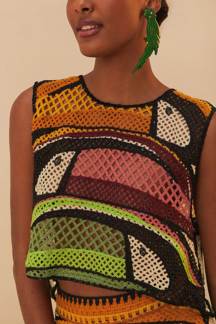 Farm Rio Multicolor Toucan Tree Crochet Top TOUCAN TREE GREEN