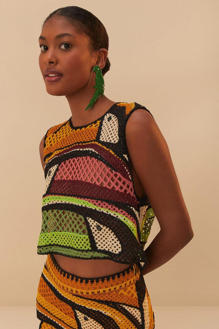 farm rio multicolor toucan tree crochet top TOUCAN TREE GREEN