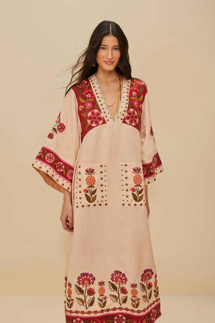 Farm Rio Nature Embroidered Cream V Neckline Tunic Maxi Dre CREAM