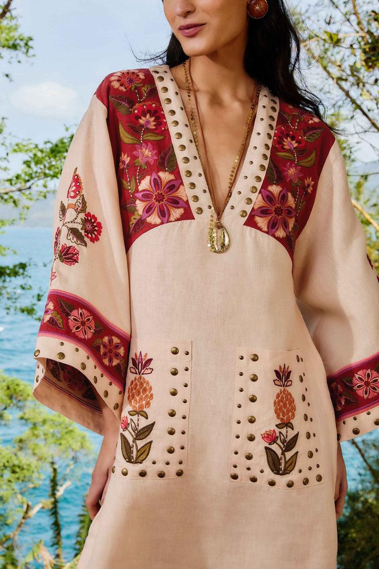 Farm Rio Nature Embroidered Cream V Neckline Tunic Maxi Dre CREAM