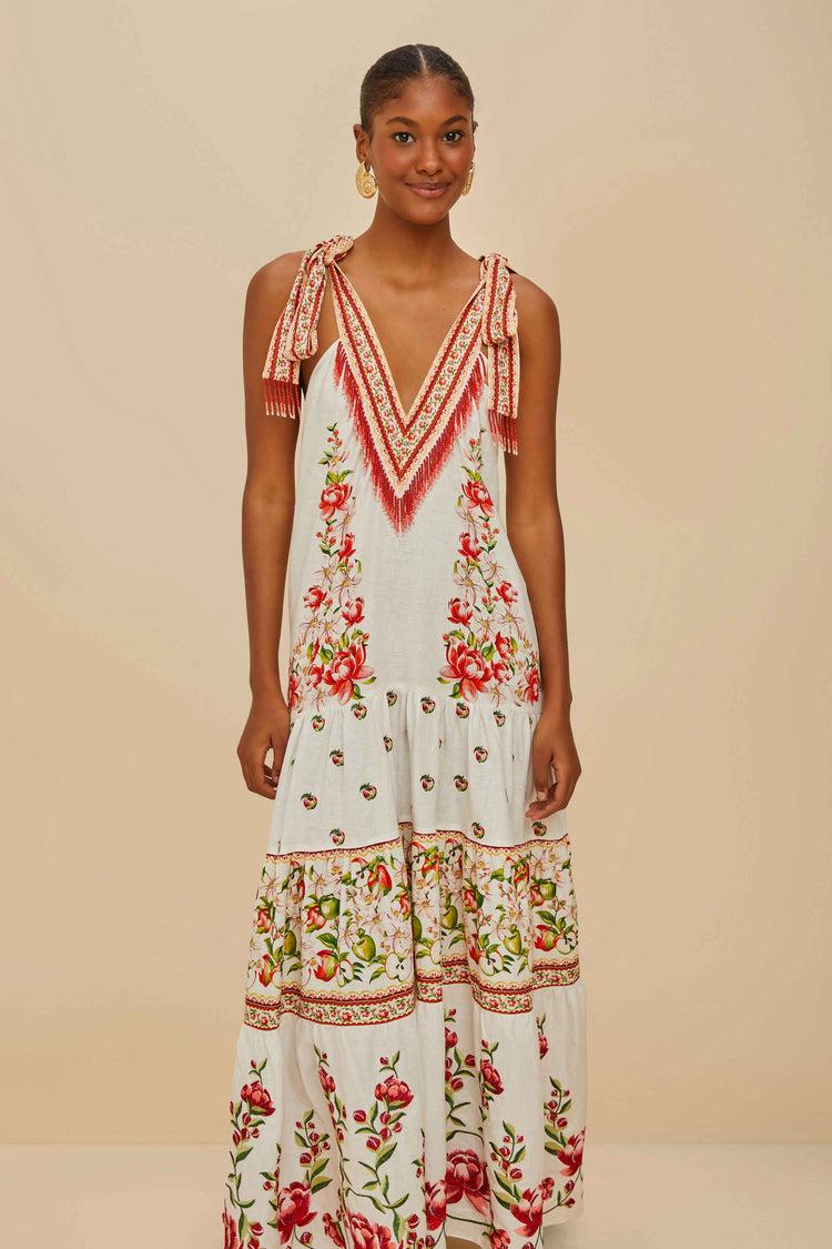 Farm Rio Off-white Apple Romance Embroidered Lenzing™ Ecovero™ Euroflax™ Maxi Dress APPLE ROMANCE OFF-WHITE