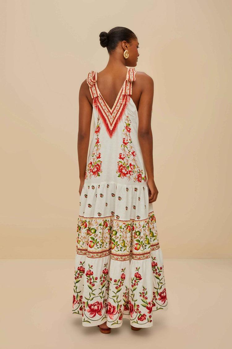 Farm Rio Off-white Apple Romance Embroidered Lenzing™ Ecovero™ Euroflax™ Maxi Dress APPLE ROMANCE OFF-WHITE