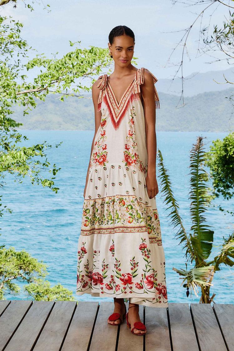 farm rio off-white apple romance embroidered lenzing™ ecovero™ euroflax™ maxi dress APPLE ROMANCE OFF-WHITE