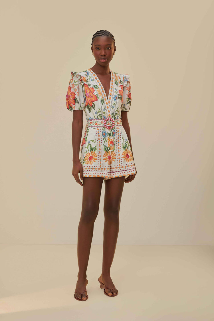 Farm Rio Off-white Bloom Garden Lenzing™ Ecovero™ Euroflax™ Romper BLOOM GARDEN OFF-WHITE