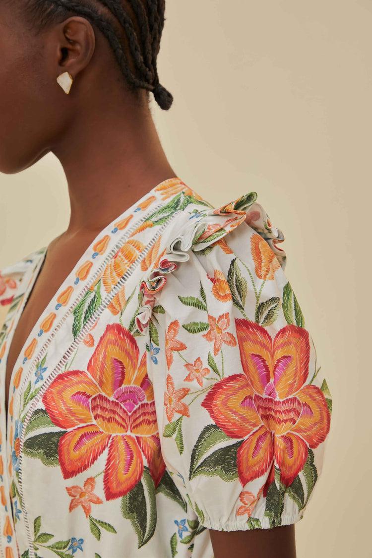 Farm Rio Off-white Bloom Garden Lenzing™ Ecovero™ Euroflax™ Romper BLOOM GARDEN OFF-WHITE