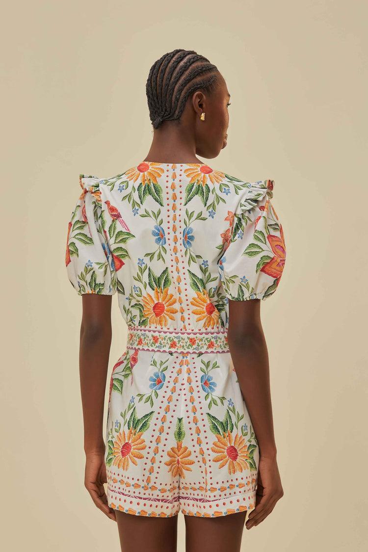 Farm Rio Off-white Bloom Garden Lenzing™ Ecovero™ Euroflax™ Romper BLOOM GARDEN OFF-WHITE