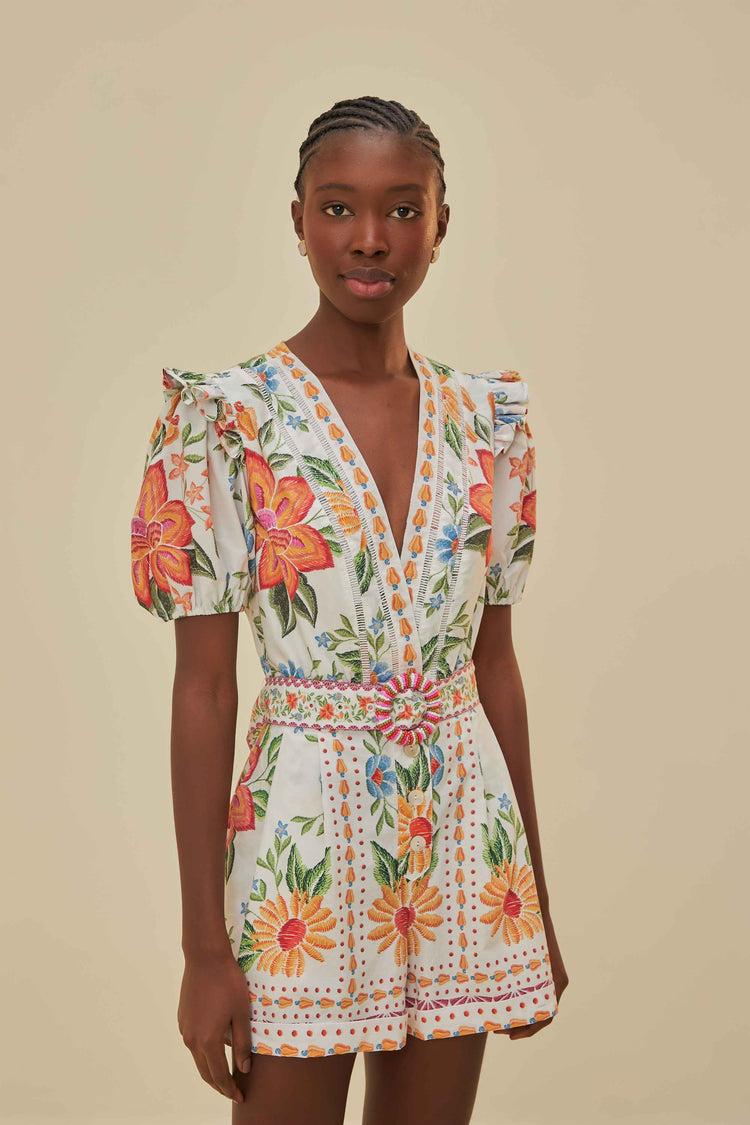 farm rio off-white bloom garden lenzing™ ecovero™ euroflax™ romper BLOOM GARDEN OFF-WHITE