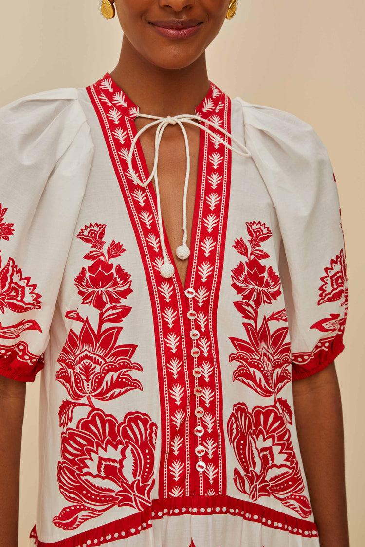 Farm Rio Off-white Boho Garden Short Sleeve Midi Dress BOHO GARDEN OFF-WHITE