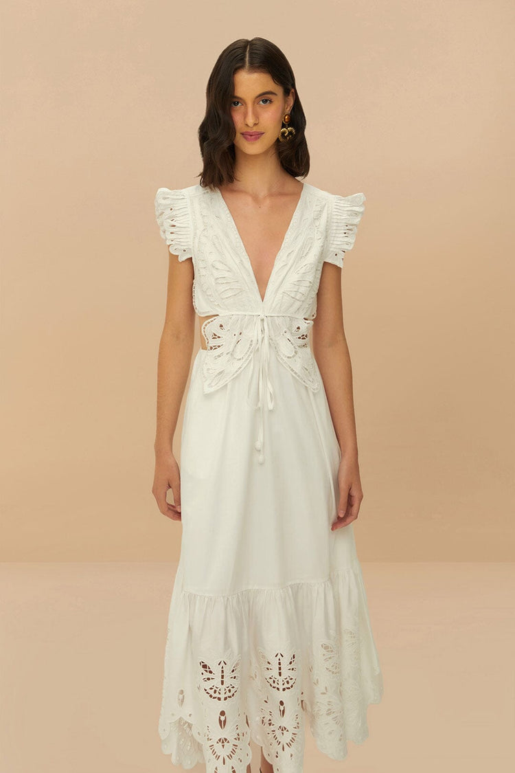 Farm Rio Off-white Butterfly Richelieu Midi Dress OFF-WHITE