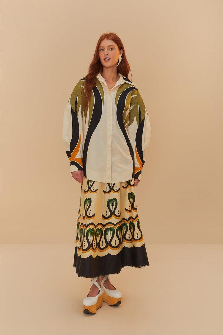 Farm Rio Off-white Coconut Tree Flow Pleated Blouse COCONUT TREE FLOW MULTICOLOR