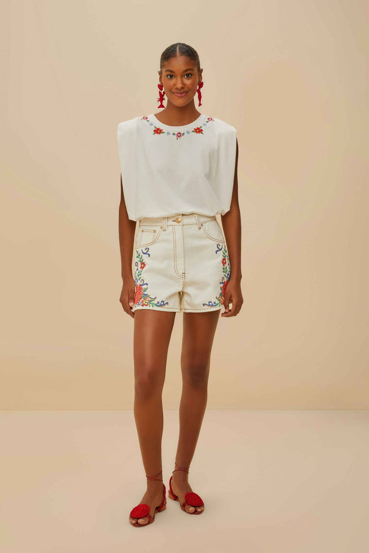 Farm Rio Off-white Cross Stitch Flowers Organic Cotton T-shirt OFF-WHITE