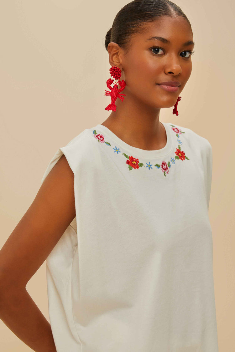 Farm Rio Off-white Cross Stitch Flowers Organic Cotton T-shirt OFF-WHITE