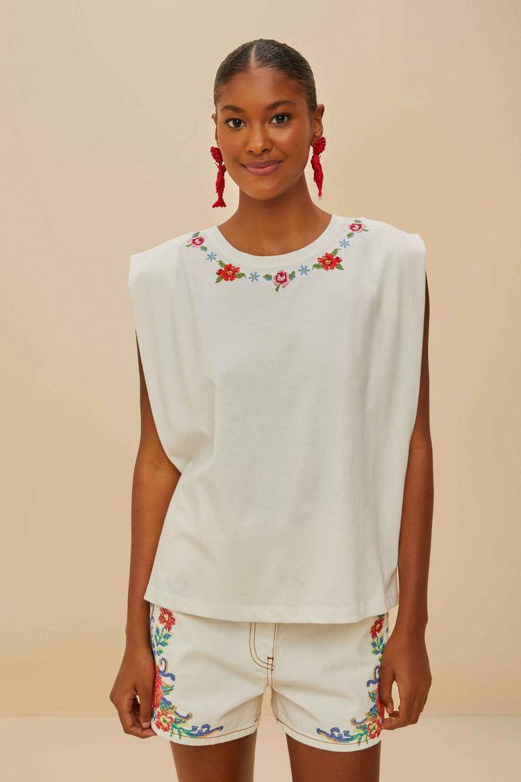 farm rio off-white cross stitch flowers organic cotton t-shirt OFF-WHITE farm rio off-white cross stitch flowers organic cotton t-shirt OFF-WHITE