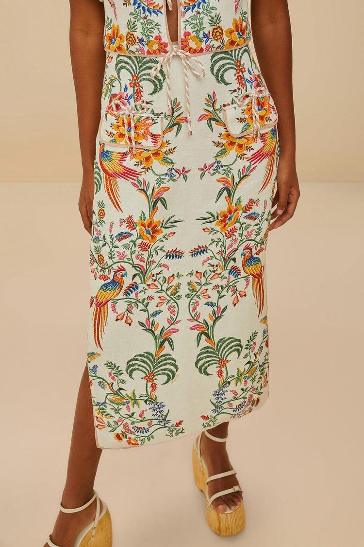 Farm Rio Off-white Delicate Forest Euroflax™ Premium Linen Midi Skirt DELICATE FOREST OFF-WHITE