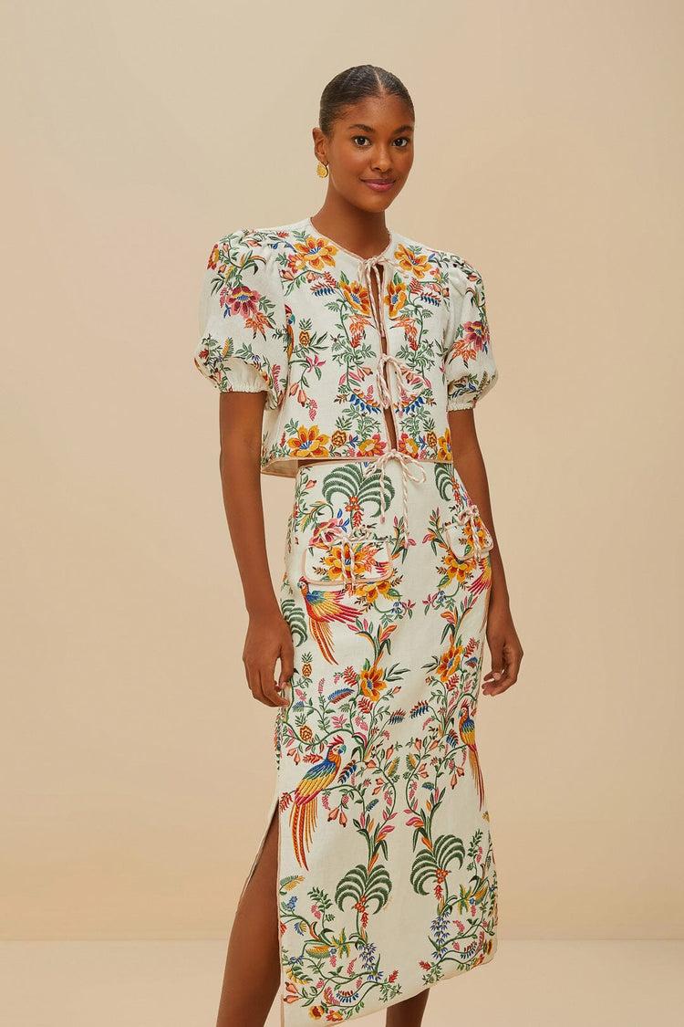 Farm Rio Off-white Delicate Forest Euroflax™ Premium Linen Midi Skirt DELICATE FOREST OFF-WHITE