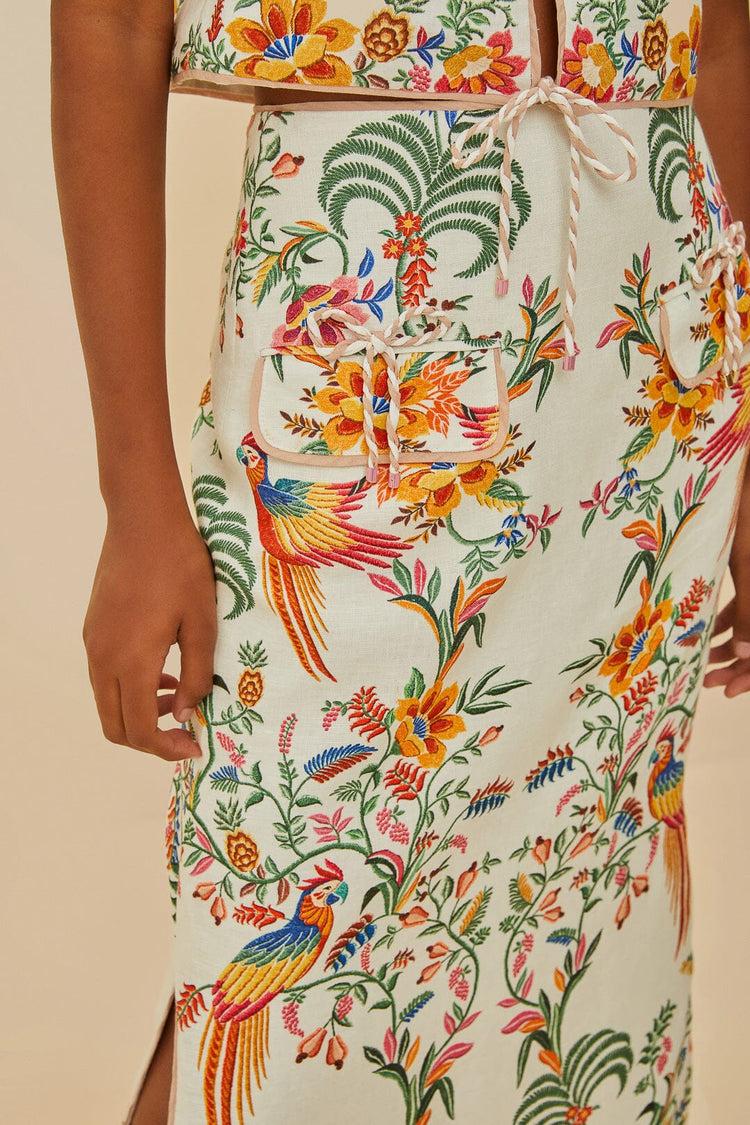 Farm Rio Off-white Delicate Forest Euroflax™ Premium Linen Midi Skirt DELICATE FOREST OFF-WHITE