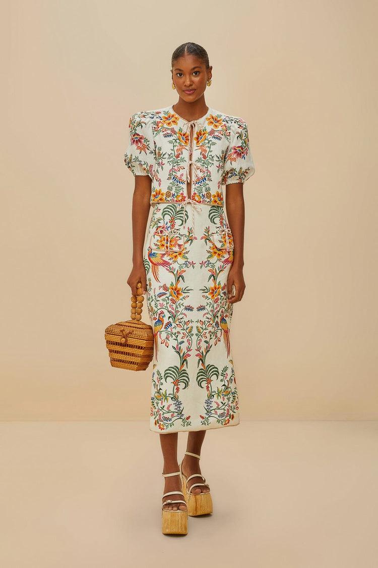 farm rio off-white delicate forest euroflax™ premium linen midi skirt DELICATE FOREST OFF-WHITE