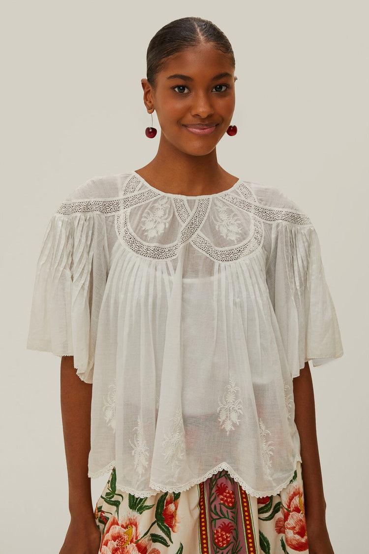 farm rio off-white embroidered short sleeve blouse OFF-WHITE
