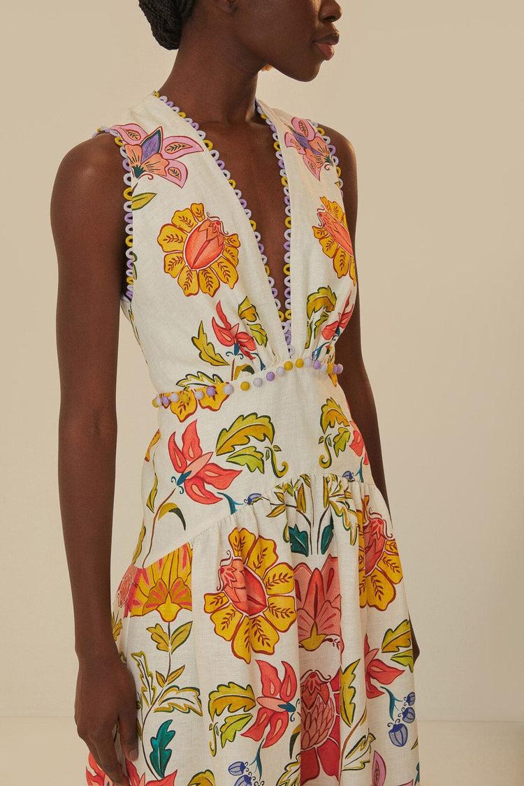 Farm Rio Off-white Floral Insects Euroflax™ Premium Linen Maxi Dress FLORAL INSECTS OFF-WHITE