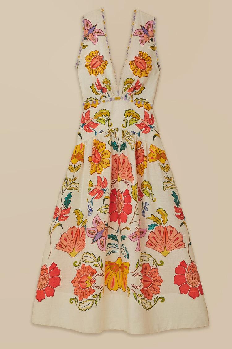 Farm Rio Off-white Floral Insects Euroflax™ Premium Linen Maxi Dress FLORAL INSECTS OFF-WHITE