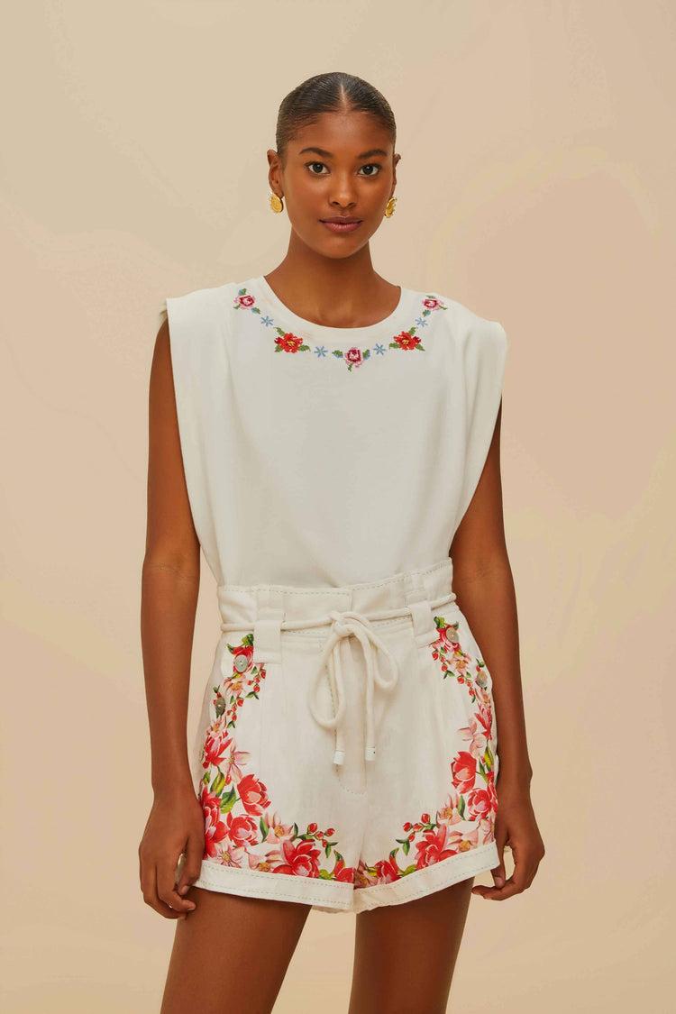 Farm Rio Off-white Flower Tapestry Embroidered Shorts OFF-WHITE