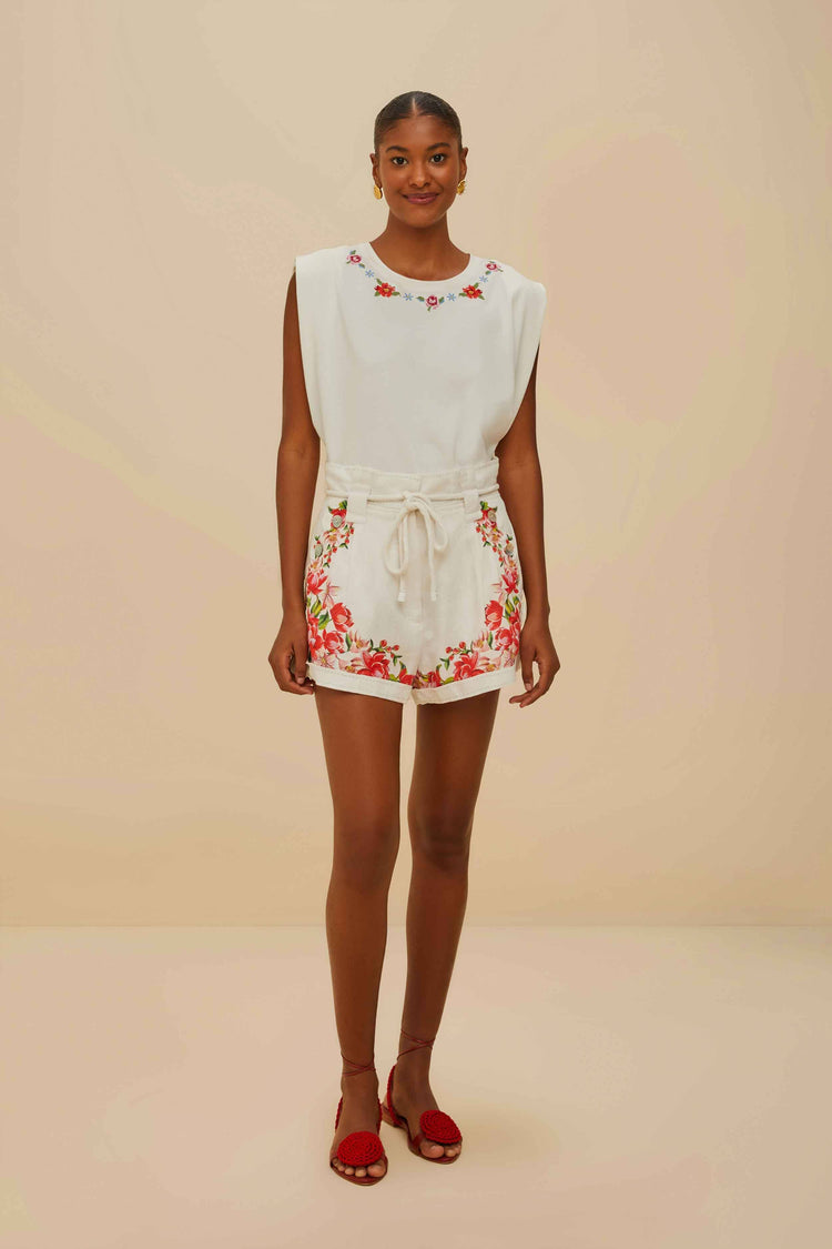 farm rio off-white flower tapestry embroidered shorts OFF-WHITE farm rio off-white flower tapestry embroidered shorts OFF-WHITE