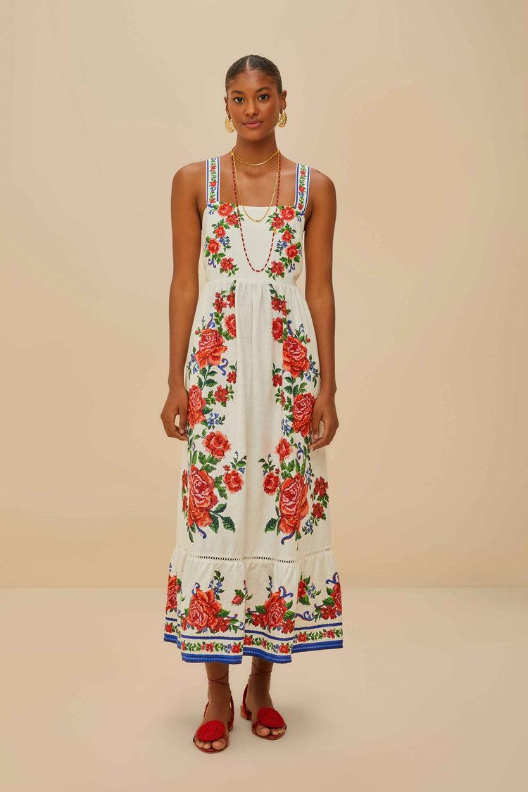 farm rio off-white flower tapestry lenzing™ ecovero™ euroflax™ maxi dress FLOWER TAPESTRY OFF-WHITE