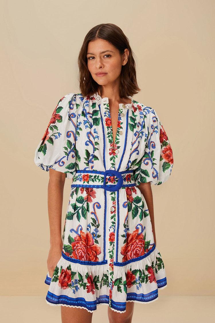 farm rio off-white flower tapestry mini dress FLOWER TAPESTRY OFF-WHITE