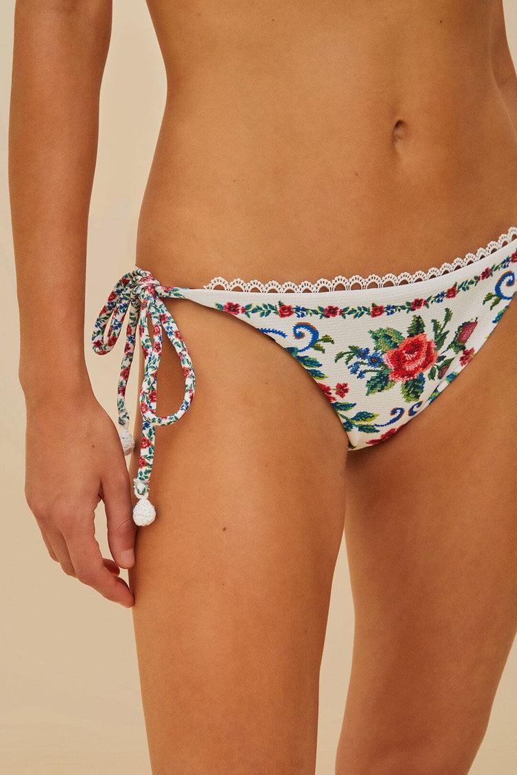Farm Rio Off-white Flower Tapestry Side Tie Bikini Bottom FLOWER TAPESTRY OFF-WHITE