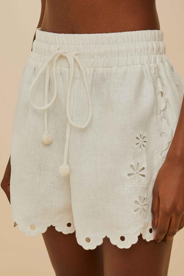 Farm Rio Off-white Flowers Richelieu Euroflax™ Premium Linen Shorts OFF-WHITE