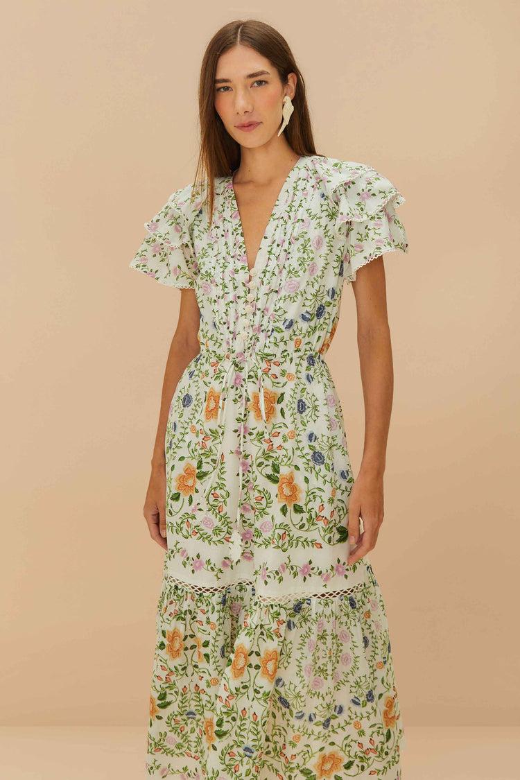 Farm Rio Off-white Folk Floral Lace Midi Dress FOLK FLORAL OFF-WHITE