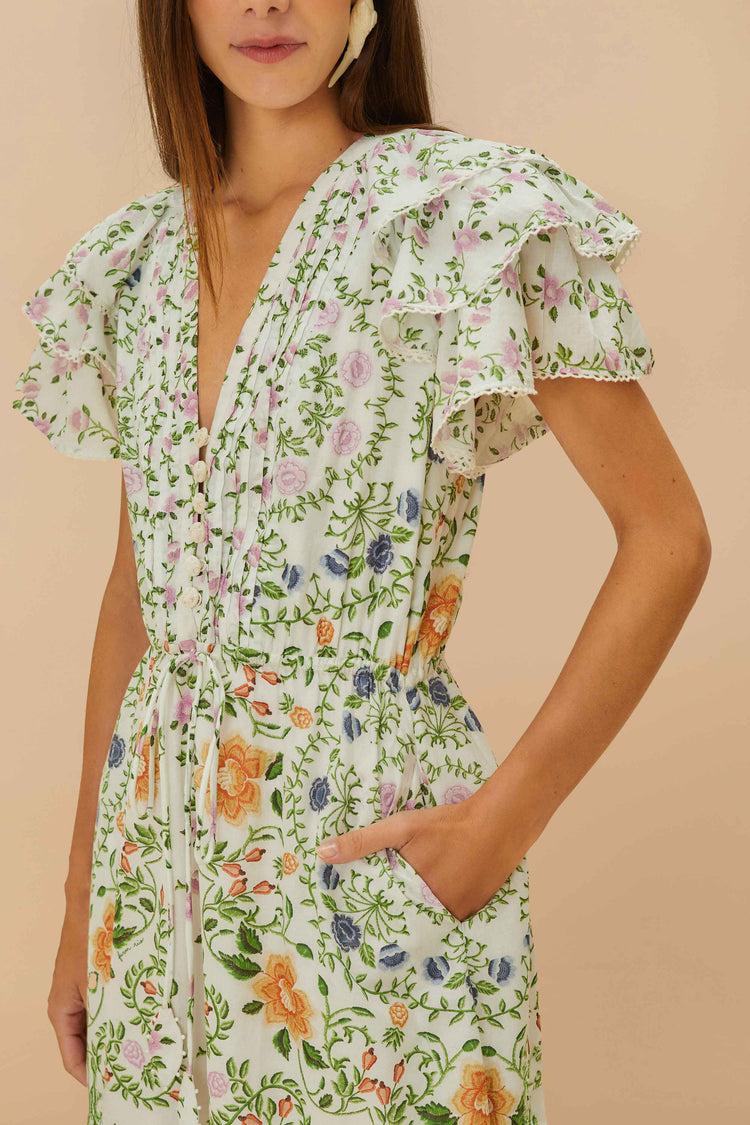 Farm Rio Off-white Folk Floral Lace Midi Dress FOLK FLORAL OFF-WHITE