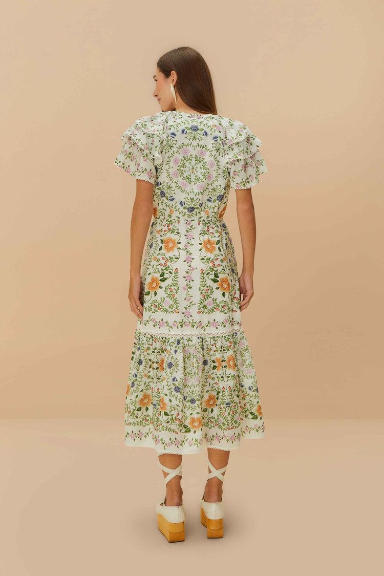 Farm Rio Off-white Folk Floral Lace Midi Dress FOLK FLORAL OFF-WHITE