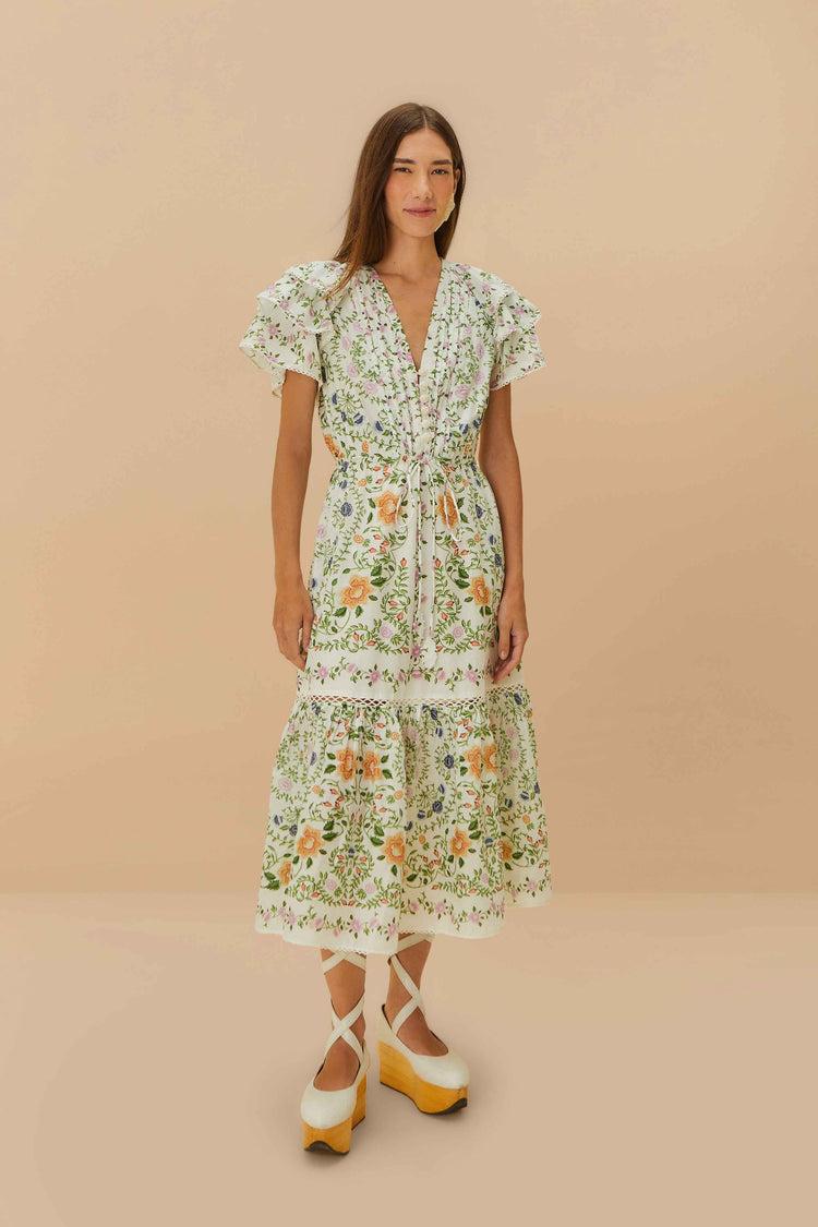 farm rio off-white folk floral lace midi dress FOLK FLORAL OFF-WHITE