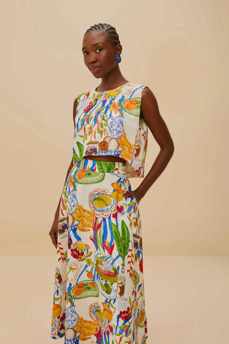 Farm Rio Off-white Fresh Table Lenzing™ Ecovero™ Euroflax™ Midi Skirt FRESH TABLE OFF-WHITE