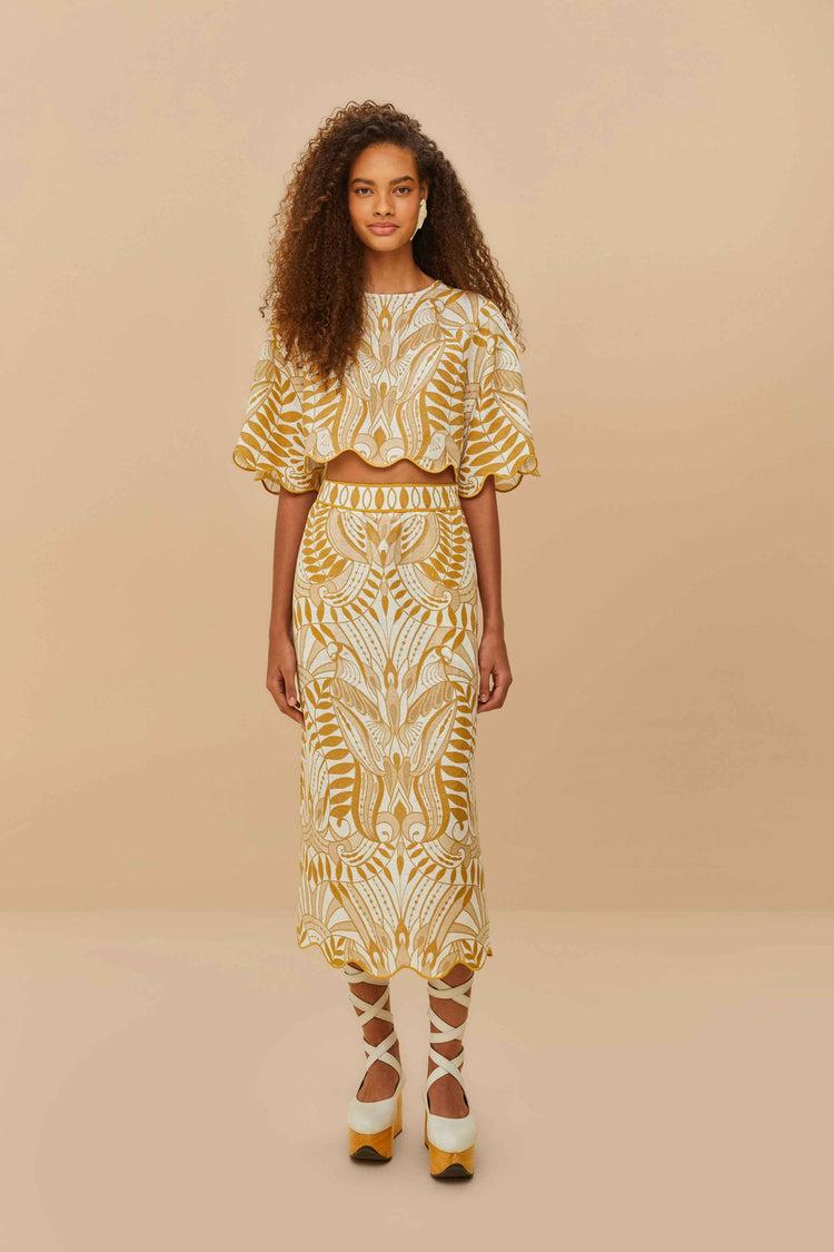 farm rio off-white lace nature euroflax™ premium linen midi skirt LACE NATURE OFF-WHITE