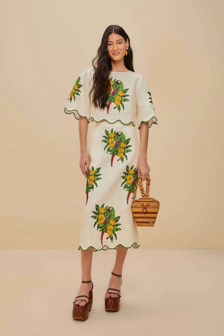 Farm Rio Off-white Maracana Bird Euroflax™ Premium Linen Blouse MARACANA BIRD PEARL