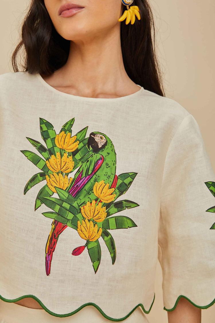 Farm Rio Off-white Maracana Bird Euroflax™ Premium Linen Blouse MARACANA BIRD PEARL