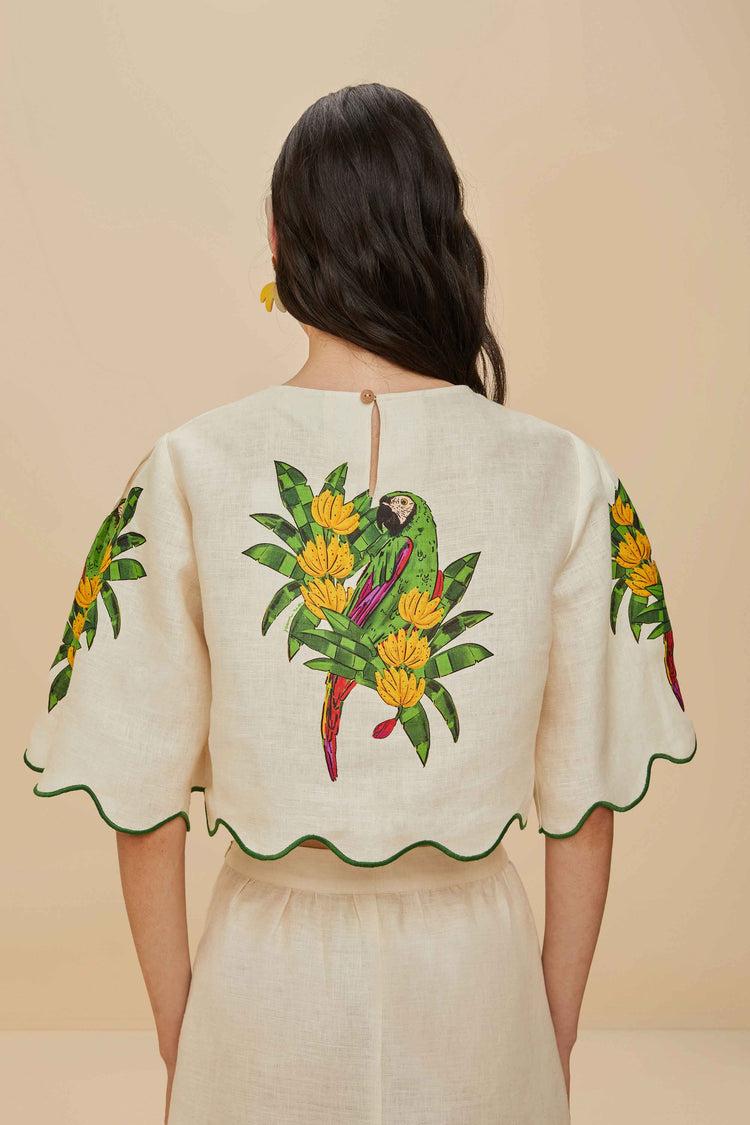 Farm Rio Off-white Maracana Bird Euroflax™ Premium Linen Blouse MARACANA BIRD PEARL