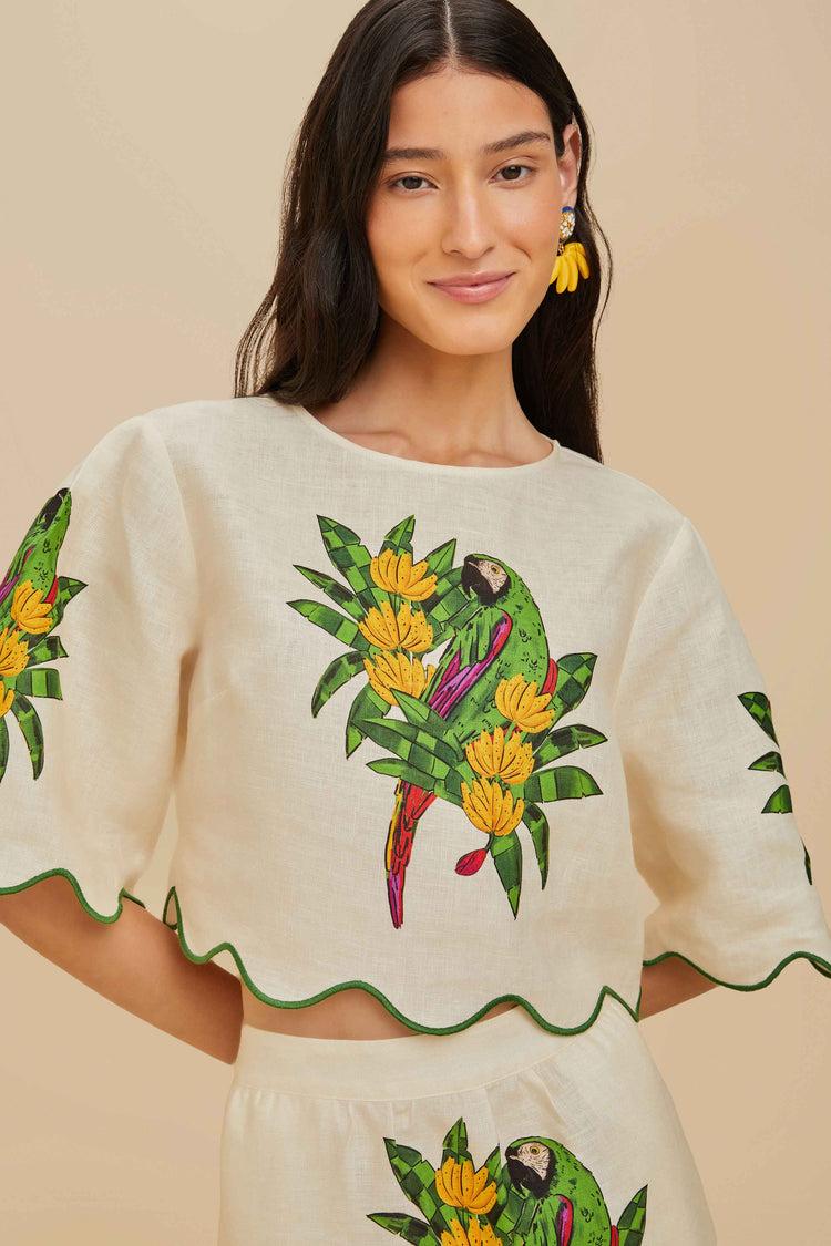 farm rio off-white maracana bird euroflax™ premium linen blouse MARACANA BIRD PEARL