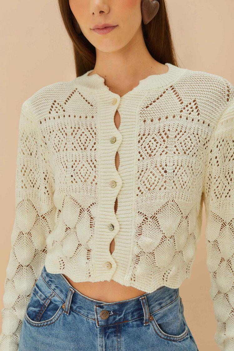 Farm Rio Off-white Mixed Lace Stitch Cardigan OFF-WHITE