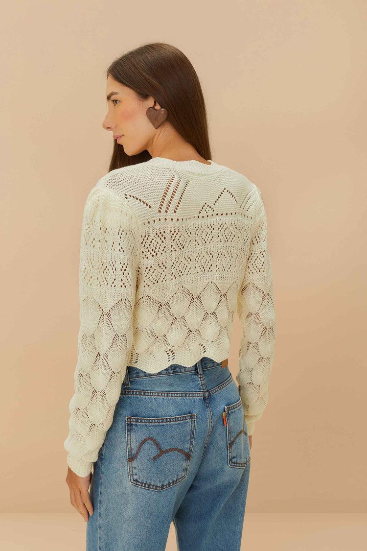 Farm Rio Off-white Mixed Lace Stitch Cardigan OFF-WHITE