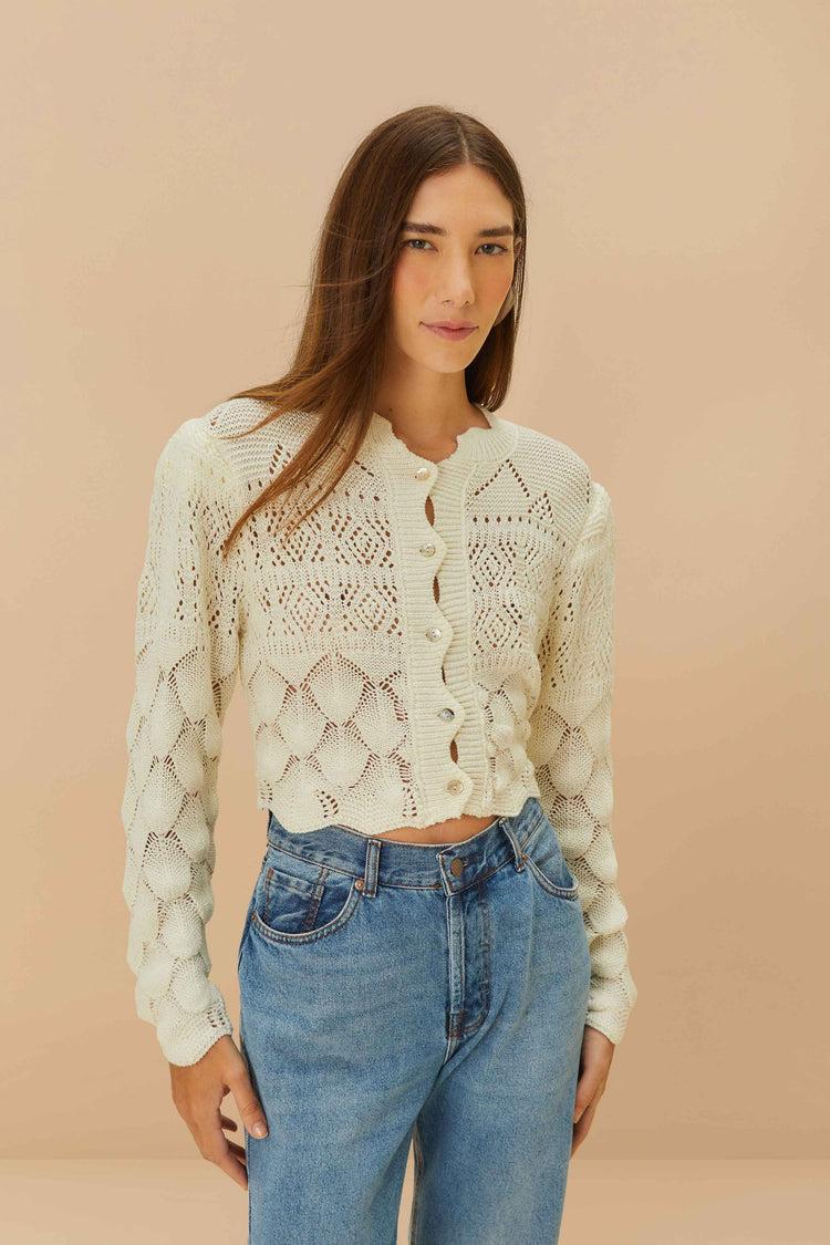 farm rio off-white mixed lace stitch cardigan OFF-WHITE