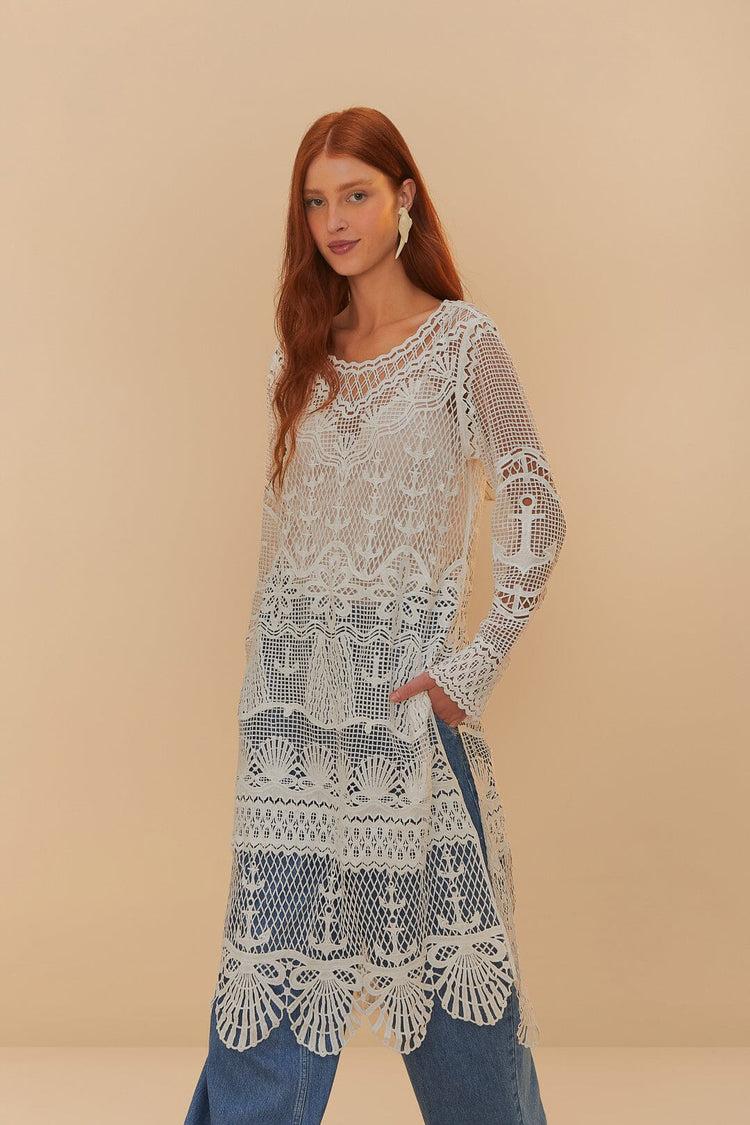 Farm Rio Off-white Nautical Guipure Long Sleeve Midi Dress OFF-WHITE